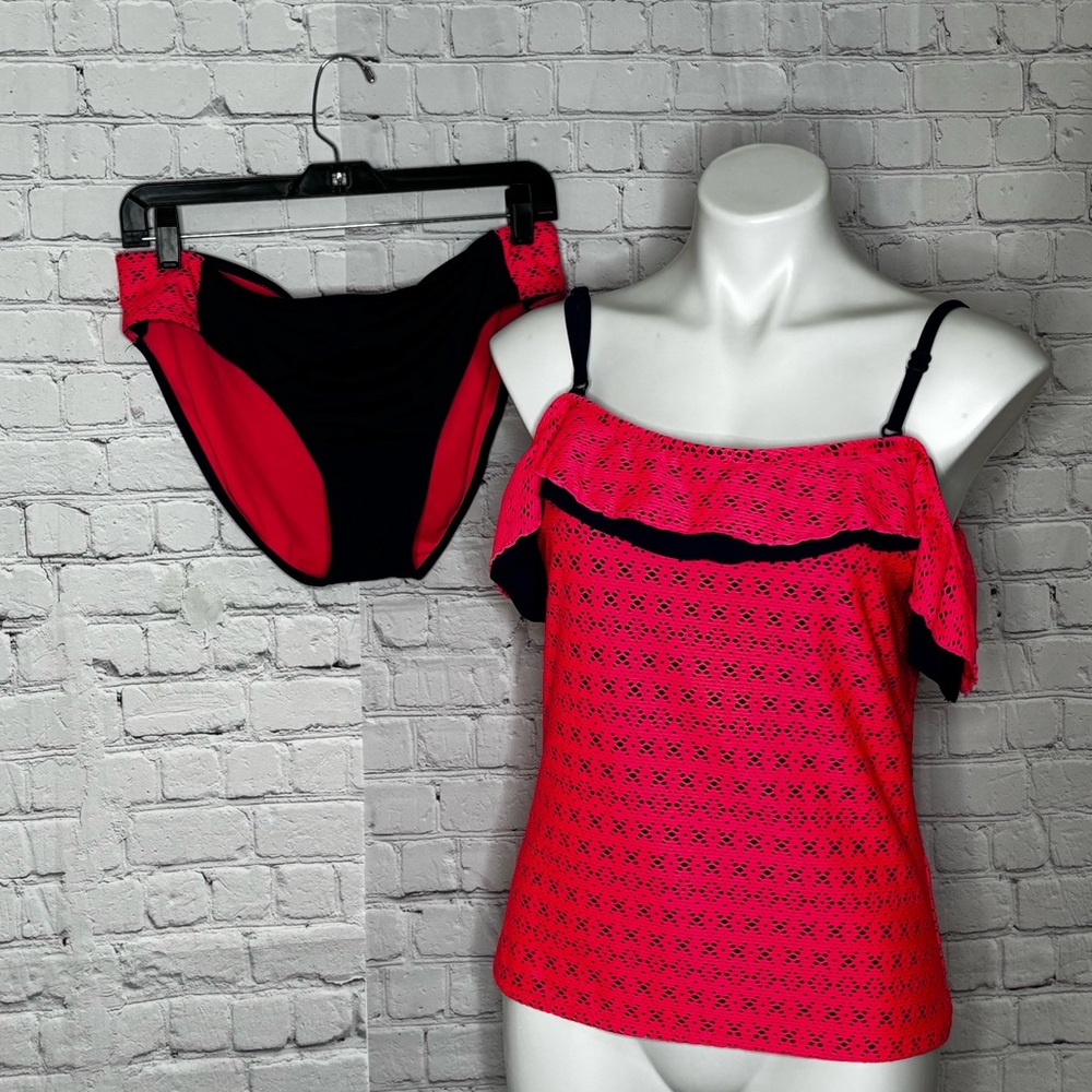 Justice Vibrant Pink and Navy Eyelet and Ruffle Swim Tankini Set Size 20 Plus
